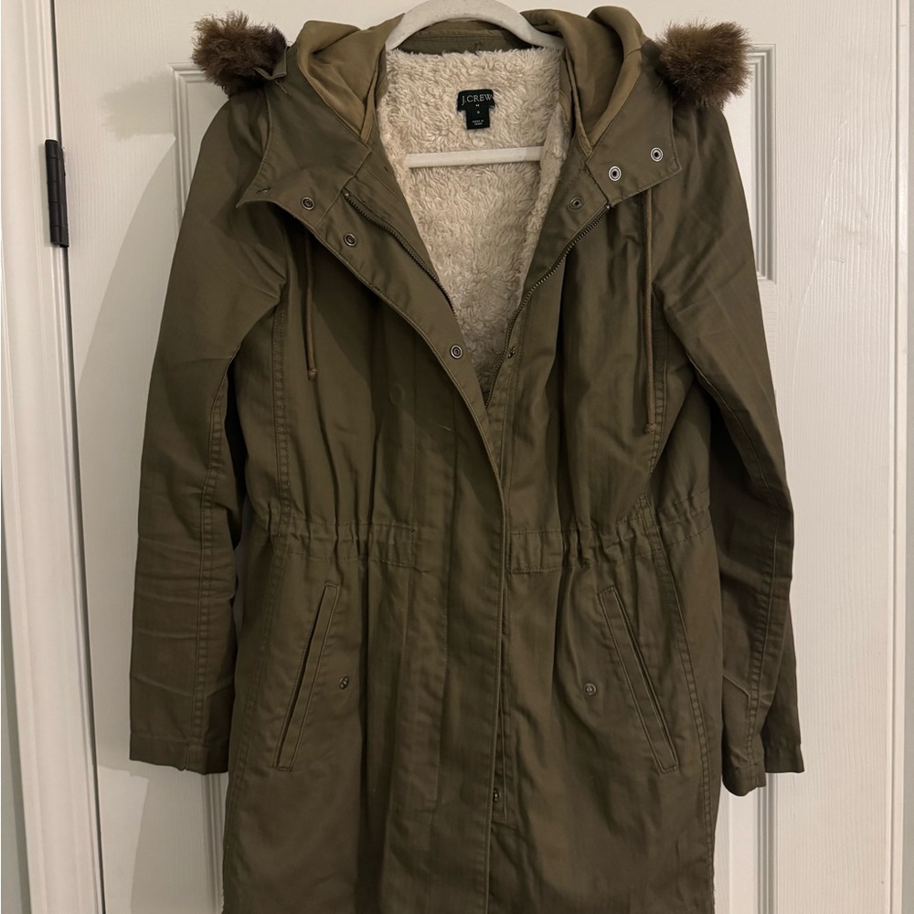 J. Crew Olive Utility Jacket with Faux Fur Trim